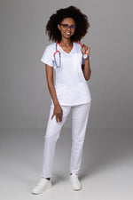 Încărcați imaginea în vizualizatorul Galerie, Costum Medical Premium TAG Ambra | Uniforma Medicala Feminina Cotton Stretch | Alb