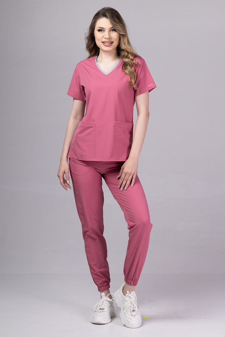 Costum Medical Premium TAG EVA | Uniforma Dama Poly Spandex | DustyRose