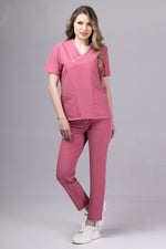 Încărcați imaginea în vizualizatorul Galerie, Costum Medical Premium de dama TAG Onyx | Uniforma Medicala Poly Spandex | Dusty Rose cu paspoal Argintiu