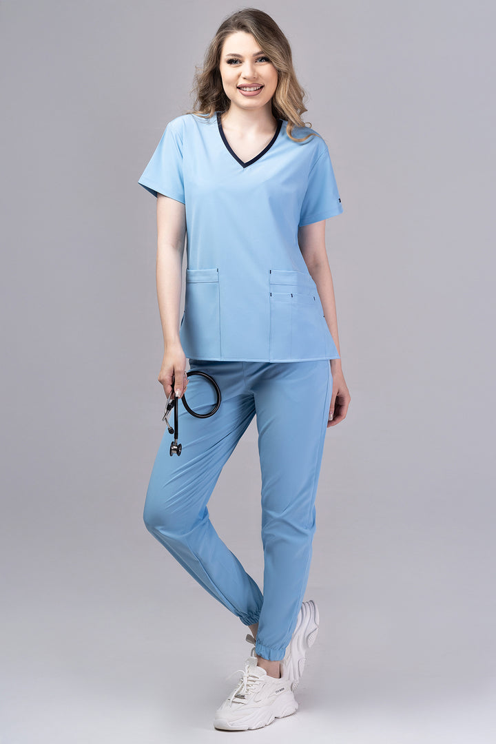 Costum Medical Premium TAG EVA | Uniforma Dama Poly Spandex | Bleu Ciel