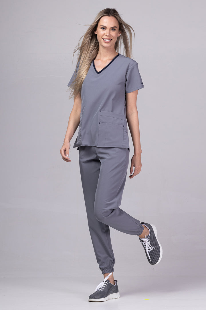 Costum Medical Premium TAG EVA | Uniforma Dama Poly Spandex | Gri