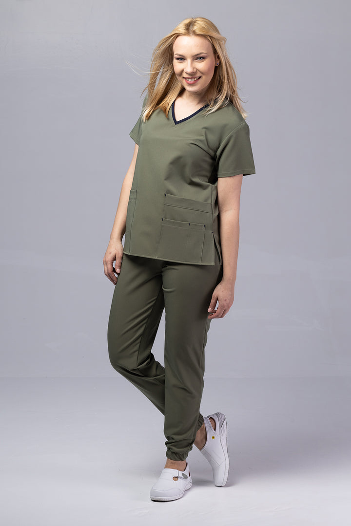 Costum Medical Premium TAG EVA | Uniforma Dama Poly Spandex | Kaki