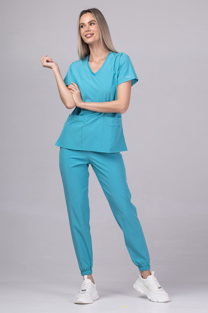 Costum Medical Premium TAG EVA | Uniforma Dama Poly Spandex | Turcoaz