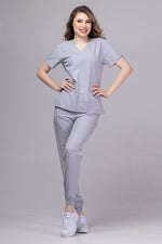 Load image into Gallery viewer, Costum Medical Premium TAG EVA | Uniforma Dama Poly Spandex | Argintiu