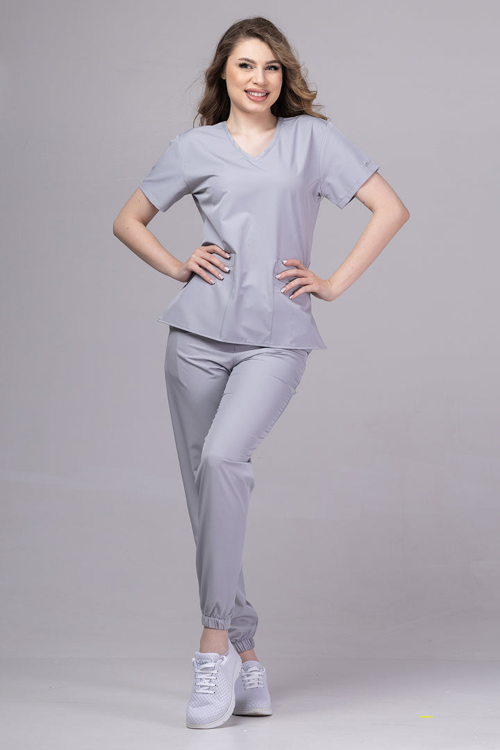 Costum Medical Premium TAG EVA | Uniforma Dama Poly Spandex | Argintiu