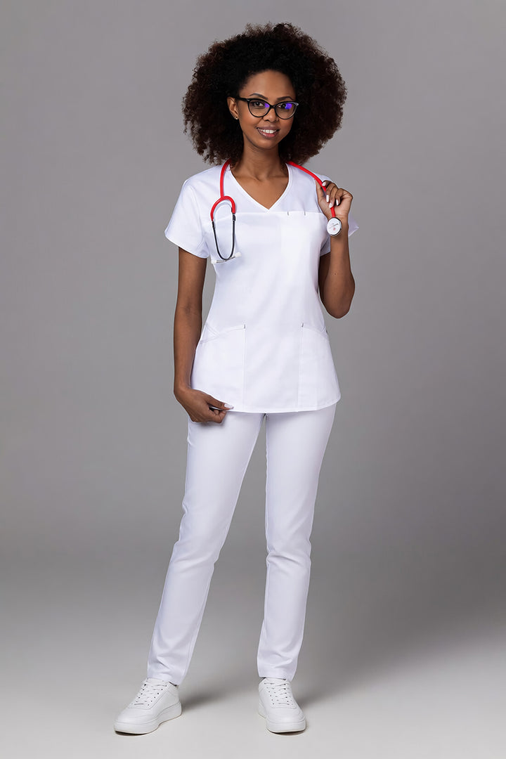 Costum Medical Premium TAG Ambra | Uniforma Medicala Feminina Cotton Stretch | Alb