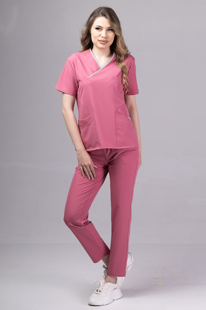 Costum Medical Premium de dama TAG Onyx | Uniforma Medicala Poly Spandex | Dusty Rose cu paspoal Argintiu