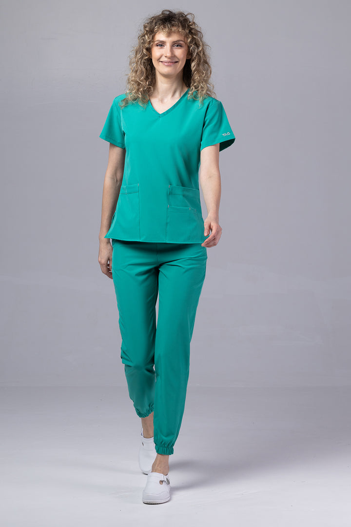 Costum Medical Premium TAG EVA | Uniforma Dama Poly Spandex | Verde Chirurgical