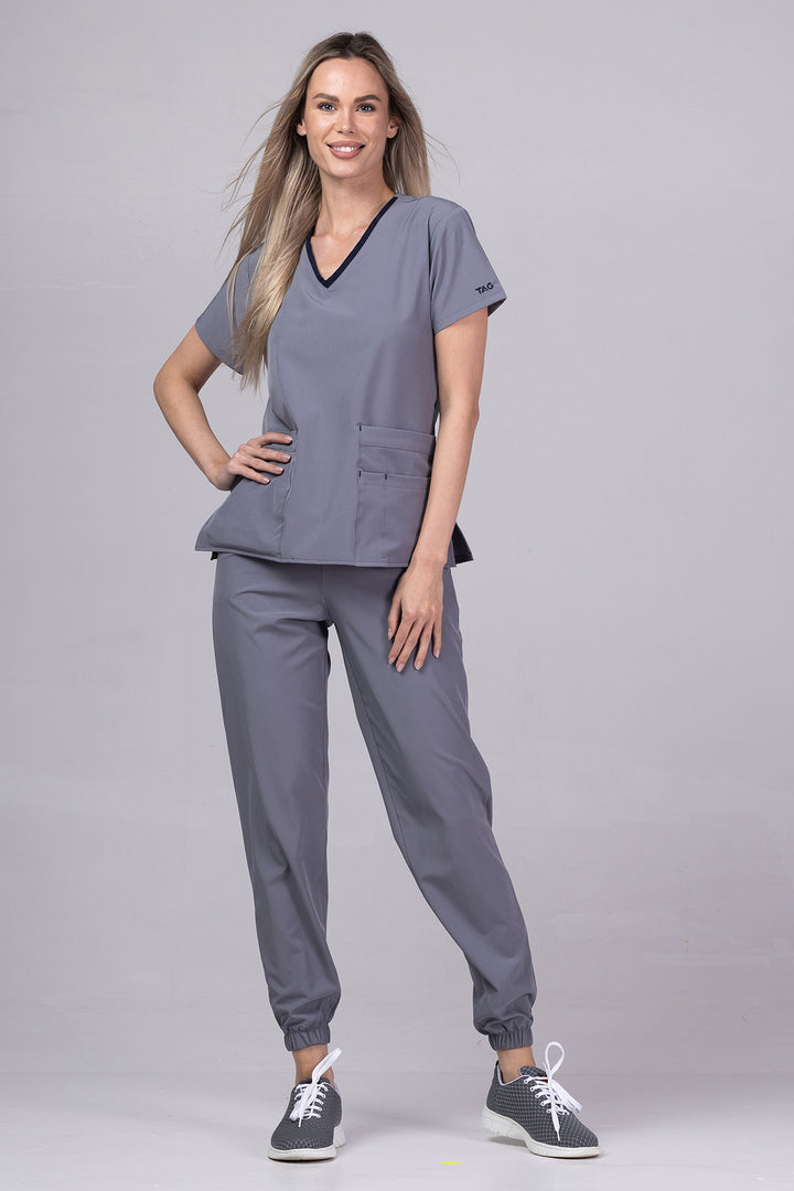 Costum Medical Premium TAG EVA | Uniforma Dama Poly Spandex | Gri