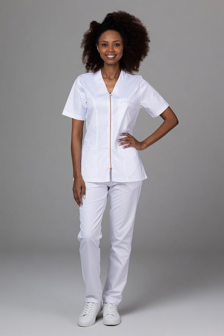 Costum Medical Premium TAG ZIP Confort | Uniforma Medicala Femei Bumbac | Alb