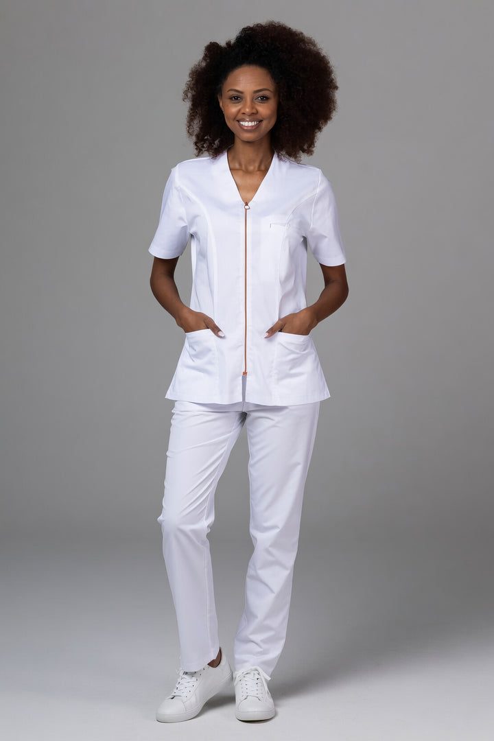 Costum Medical Premium TAG ZIP Confort | Uniforma Medicala Femei Bumbac | Alb