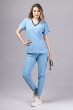 Load image into Gallery viewer, Costum Medical Premium TAG EVA | Uniforma Dama Poly Spandex | Bleu Ciel