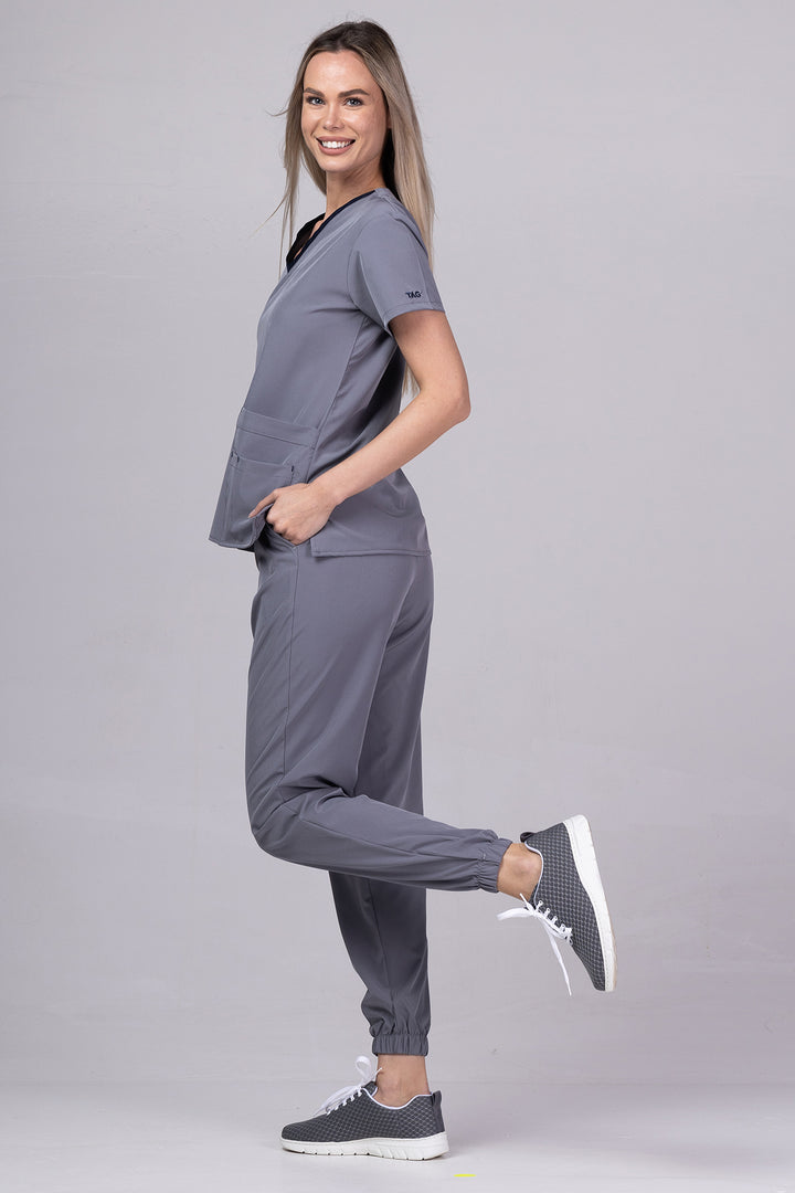 Costum Medical Premium TAG EVA | Uniforma Dama Poly Spandex | Gri