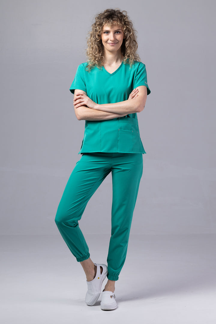 Costum Medical Premium TAG EVA | Uniforma Dama Poly Spandex | Verde Chirurgical