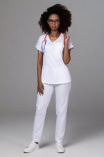 Încărcați imaginea în vizualizatorul Galerie, Costum Medical Premium TAG Ambra | Uniforma Medicala Feminina Cotton Stretch | Alb