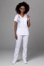 Încărcați imaginea în vizualizatorul Galerie, Costum Medical Premium TAG Ambra | Uniforma Medicala Feminina Cotton Stretch | Alb
