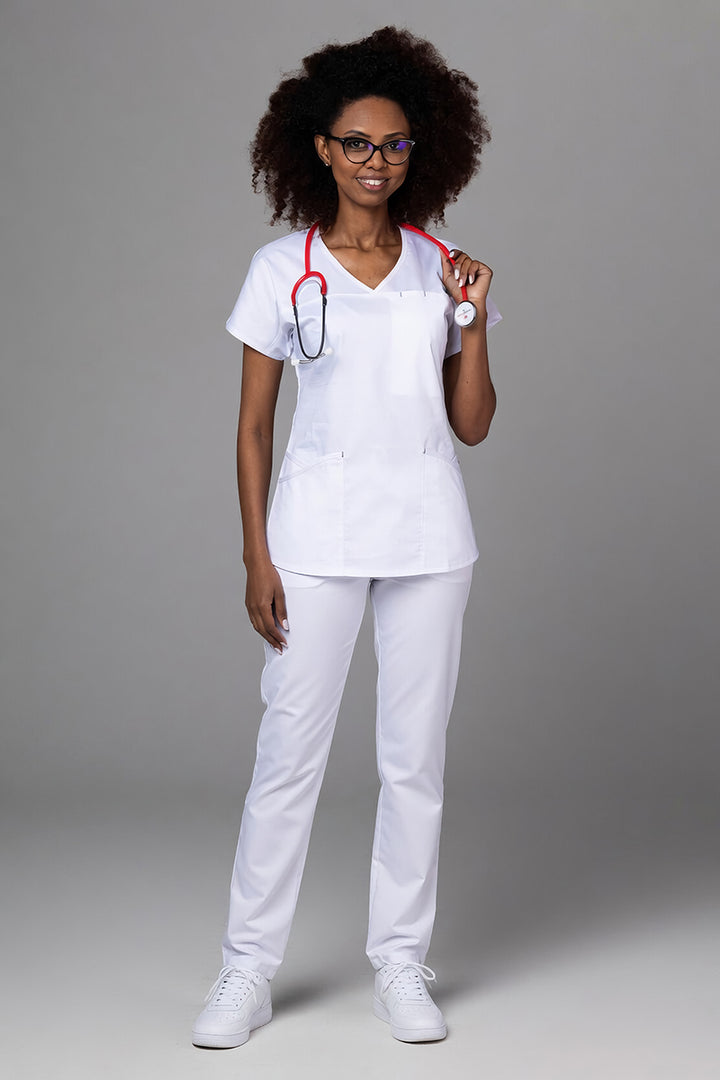 Costum Medical Premium TAG Ambra | Uniforma Medicala Feminina Cotton Stretch | Alb