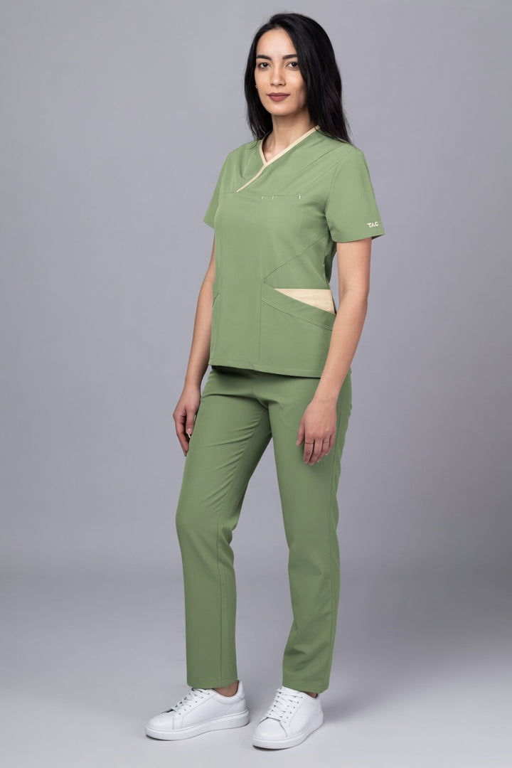 Costum Medical Premium de dama TAG Onyx | Uniforma Medicala Poly Spandex | Kaki cu paspoal Bej