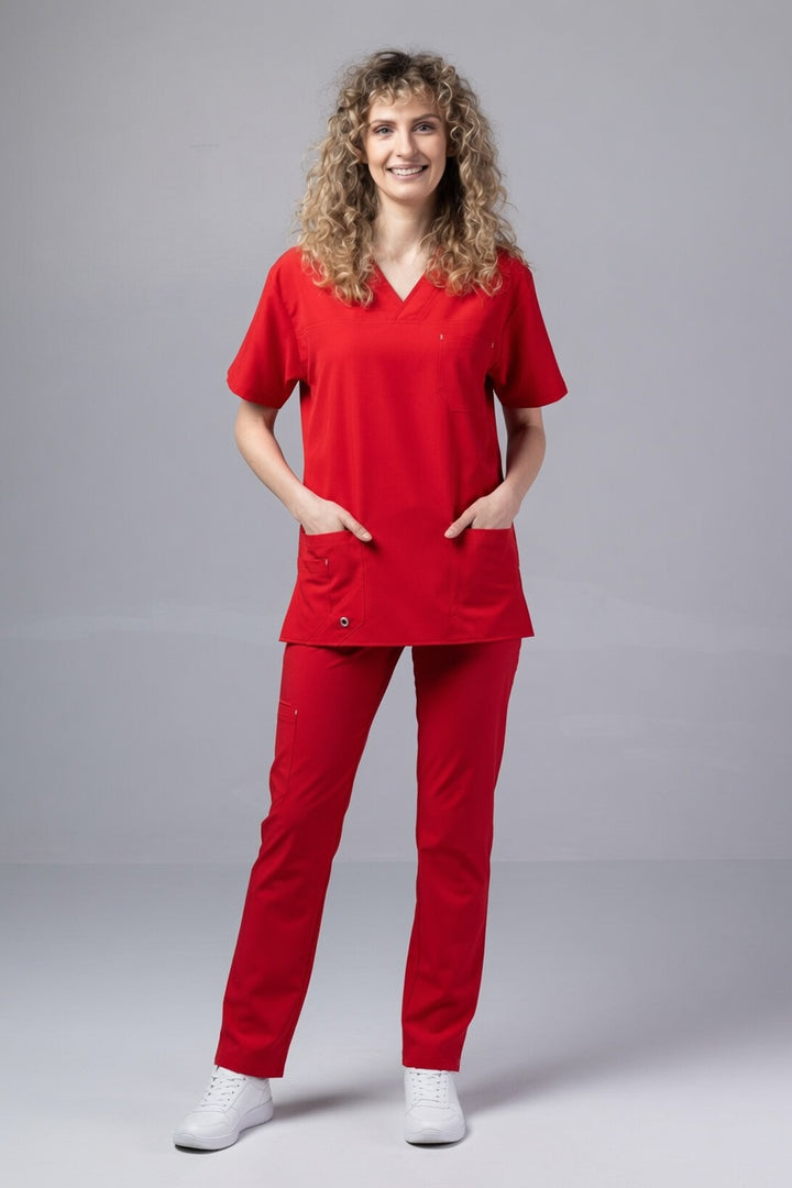 Costum Medical Premium TAG Stellar | Uniforma Medicala Unisex Poly Spandex | Rosu