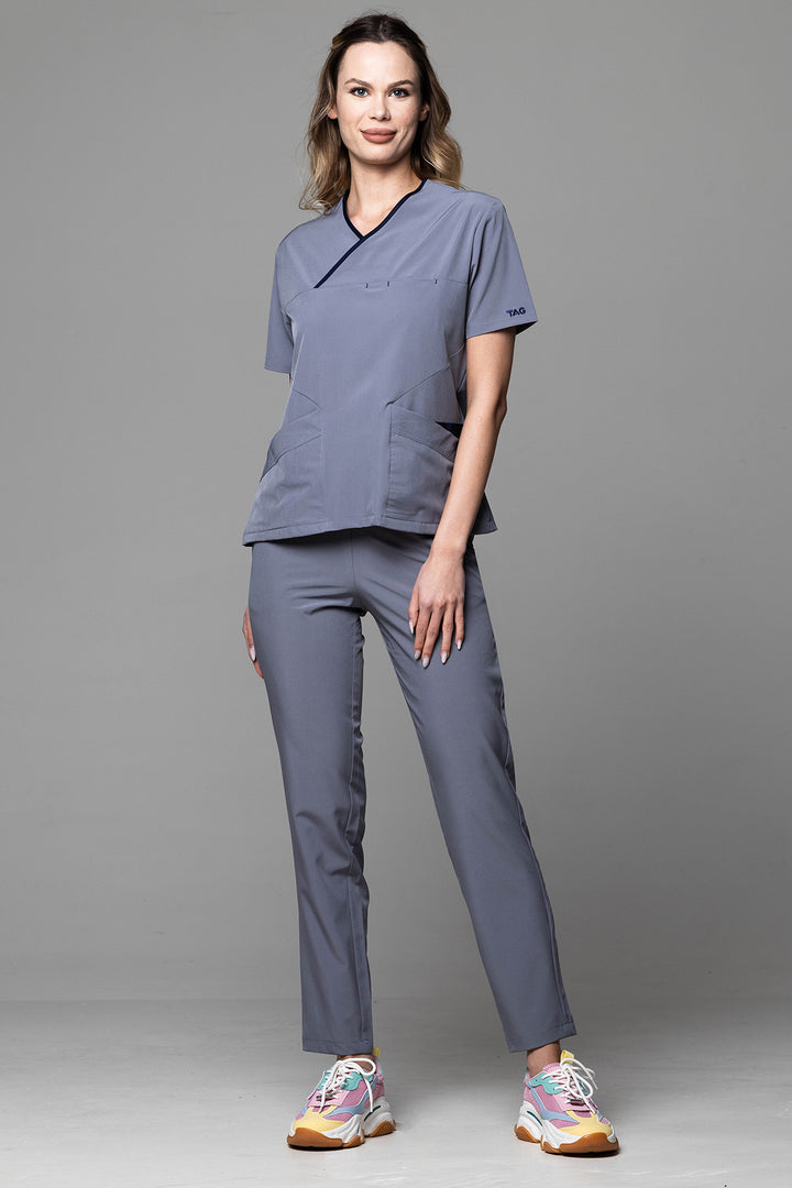 Costum Medical Premium de dama TAG Onyx | Uniforma Medicala Poly Spandex | Gri cu paspoal Bleumarin