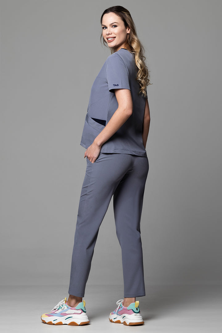 Costum Medical Premium de dama TAG Onyx | Uniforma Medicala Poly Spandex | Gri cu paspoal Bleumarin