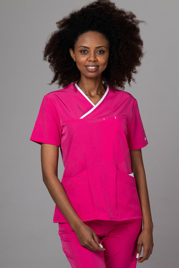 Costum Medical Premium de dama TAG Onyx | Uniforma Medicala Poly Spandex | Ciclam cu paspoal Alb