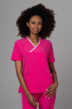 Încărcați imaginea în vizualizatorul Galerie, Costum Medical Premium de dama TAG Onyx | Uniforma Medicala Poly Spandex | Ciclam cu paspoal Alb