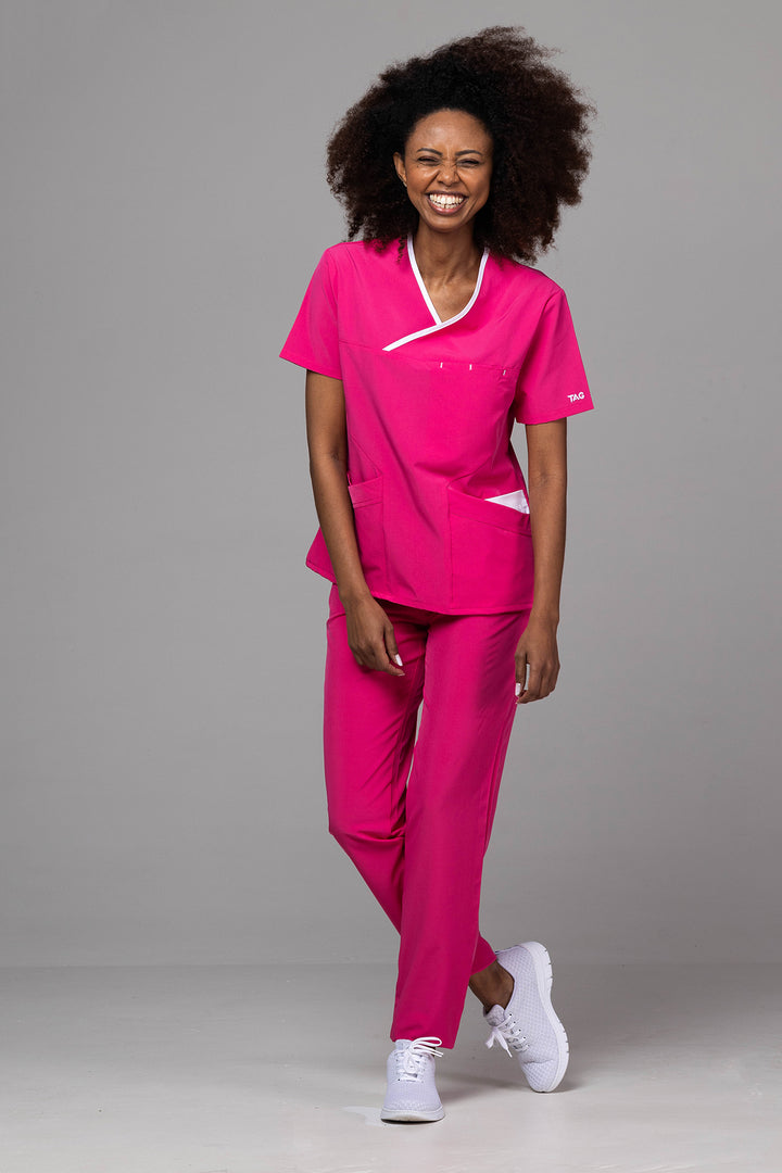 Costum Medical Premium de dama TAG Onyx | Uniforma Medicala Poly Spandex | Ciclam cu paspoal Alb