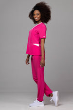 Încărcați imaginea în vizualizatorul Galerie, Costum Medical Premium de dama TAG Onyx | Uniforma Medicala Poly Spandex | Ciclam cu paspoal Alb