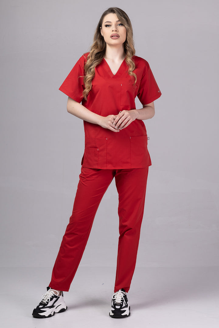Costum Medical de dama TAG Premium Unisex | Uniforma Medicala Unisex Cotton Stretch | Rosu