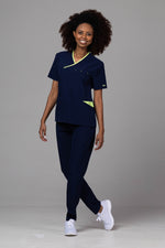 Încărcați imaginea în vizualizatorul Galerie, Costum Medical Premium de dama TAG Onyx | Uniforma Medicala Poly Spandex | Bleumarin cu paspoal Green Apple
