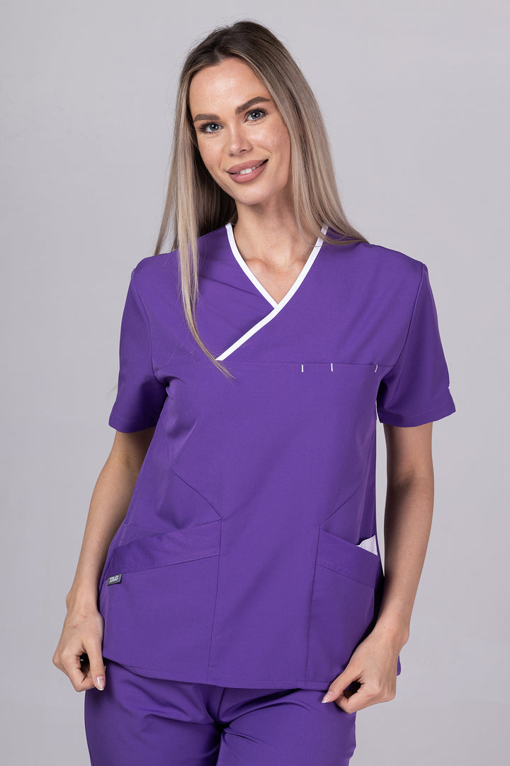 Costum Medical Premium de dama TAG Onyx | Uniforma Medicala Poly Spandex | Velvet cu paspoal Alb
