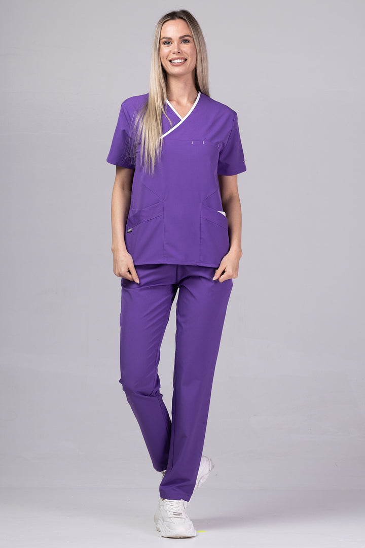 Costum Medical Premium de dama TAG Onyx | Uniforma Medicala Poly Spandex | Velvet cu paspoal Alb