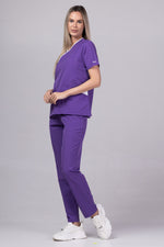 Încărcați imaginea în vizualizatorul Galerie, Costum Medical Premium de dama TAG Onyx | Uniforma Medicala Poly Spandex | Velvet cu paspoal Alb