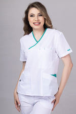Încărcați imaginea în vizualizatorul Galerie, Costum Medical Premium de dama TAG Onyx | Uniforma Medicala Poly Spandex | Alb cu paspoal Verde Chirurgical