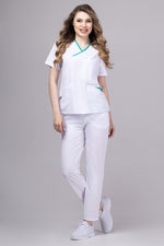 Încărcați imaginea în vizualizatorul Galerie, Costum Medical Premium de dama TAG Onyx | Uniforma Medicala Poly Spandex | Alb cu paspoal Verde Chirurgical