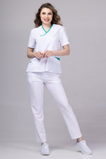Încărcați imaginea în vizualizatorul Galerie, Costum Medical Premium de dama TAG Onyx | Uniforma Medicala Poly Spandex | Alb cu paspoal Verde Chirurgical