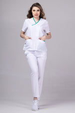 Încărcați imaginea în vizualizatorul Galerie, Costum Medical Premium de dama TAG Onyx | Uniforma Medicala Poly Spandex | Alb cu paspoal Verde Chirurgical