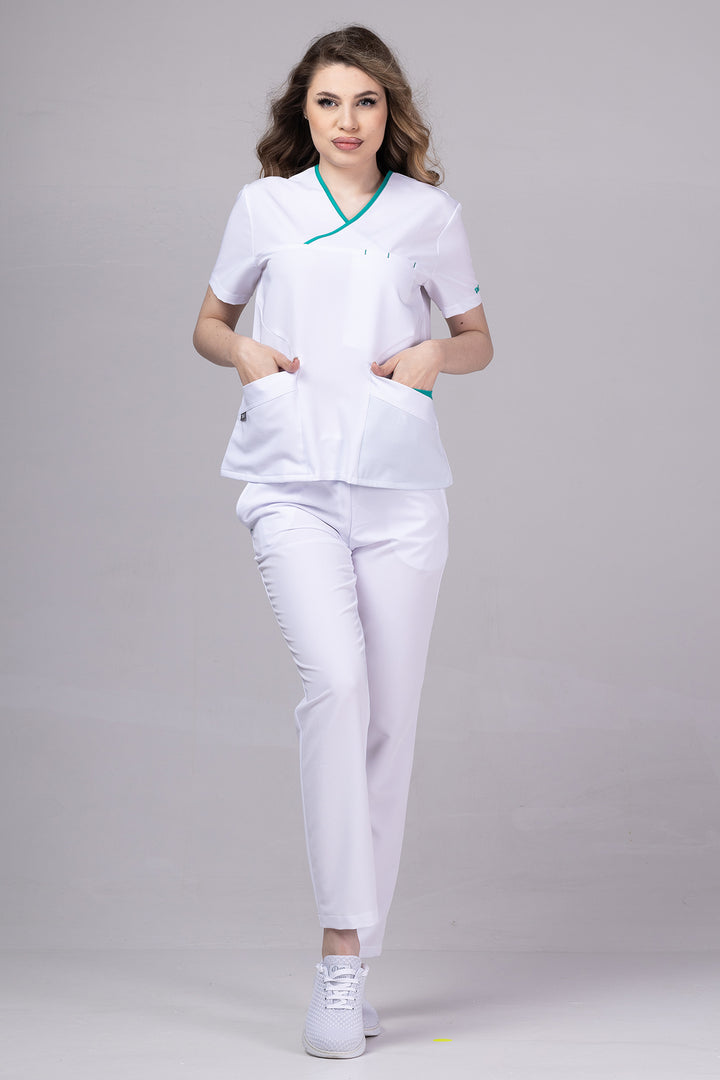 Costum Medical Premium de dama TAG Onyx | Uniforma Medicala Poly Spandex | Alb cu paspoal Verde Chirurgical