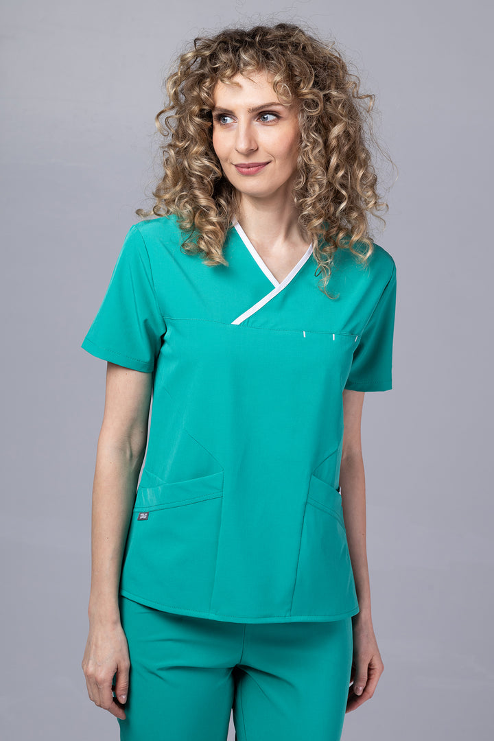 Costum Medical Premium de dama TAG Onyx | Uniforma Medicala Poly Spandex | Verde Chirurgical cu paspoal Alb