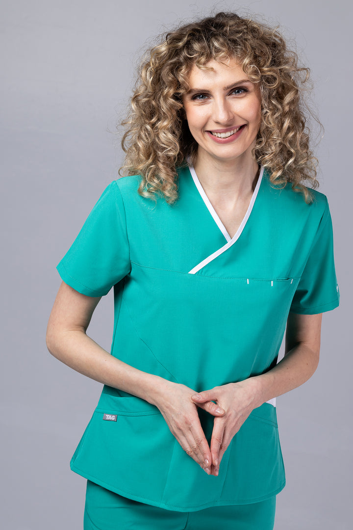 Costum Medical Premium de dama TAG Onyx | Uniforma Medicala Poly Spandex | Verde Chirurgical cu paspoal Alb