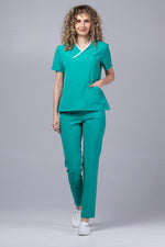 Încărcați imaginea în vizualizatorul Galerie, Costum Medical Premium de dama TAG Onyx | Uniforma Medicala Poly Spandex | Verde Chirurgical cu paspoal Alb