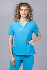 Încărcați imaginea în vizualizatorul Galerie, Costum Medical Premium de dama TAG Onyx | Uniforma Medicala Poly Spandex | Ocean cu paspoal Alb