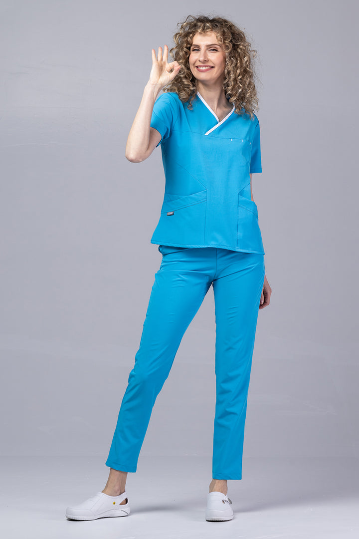 Costum Medical Premium de dama TAG Onyx | Uniforma Medicala Poly Spandex | Ocean cu paspoal Alb