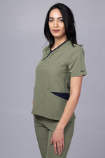 Încărcați imaginea în vizualizatorul Galerie, Costum Medical Premium de dama TAG Onyx | Uniforma Medicala Poly Spandex | Kaki cu paspoal Bleumarin