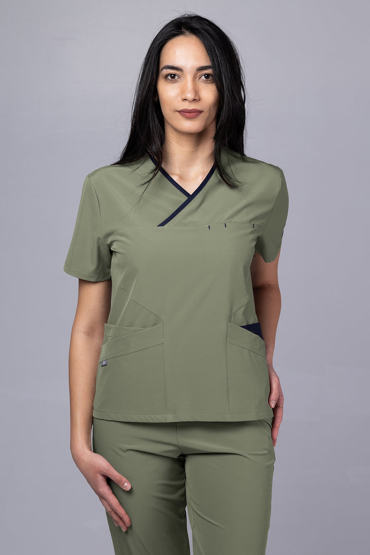 Costum Medical Premium de dama TAG Onyx | Uniforma Medicala Poly Spandex | Kaki cu paspoal Bleumarin