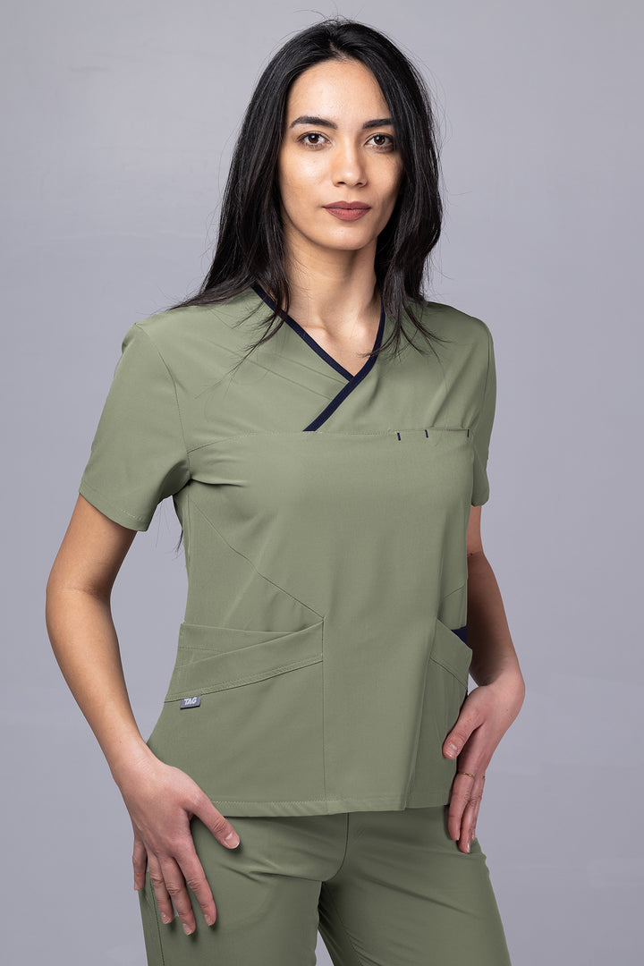 Costum Medical Premium de dama TAG Onyx | Uniforma Medicala Poly Spandex | Kaki cu paspoal Bleumarin