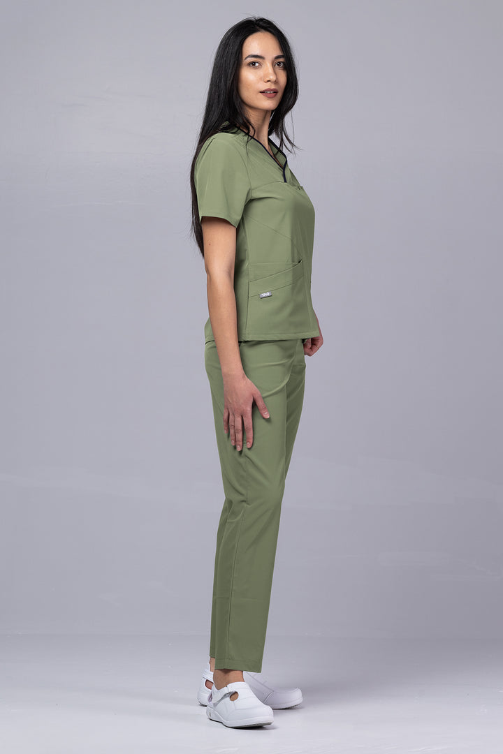 Costum Medical Premium de dama TAG Onyx | Uniforma Medicala Poly Spandex | Kaki cu paspoal Bleumarin