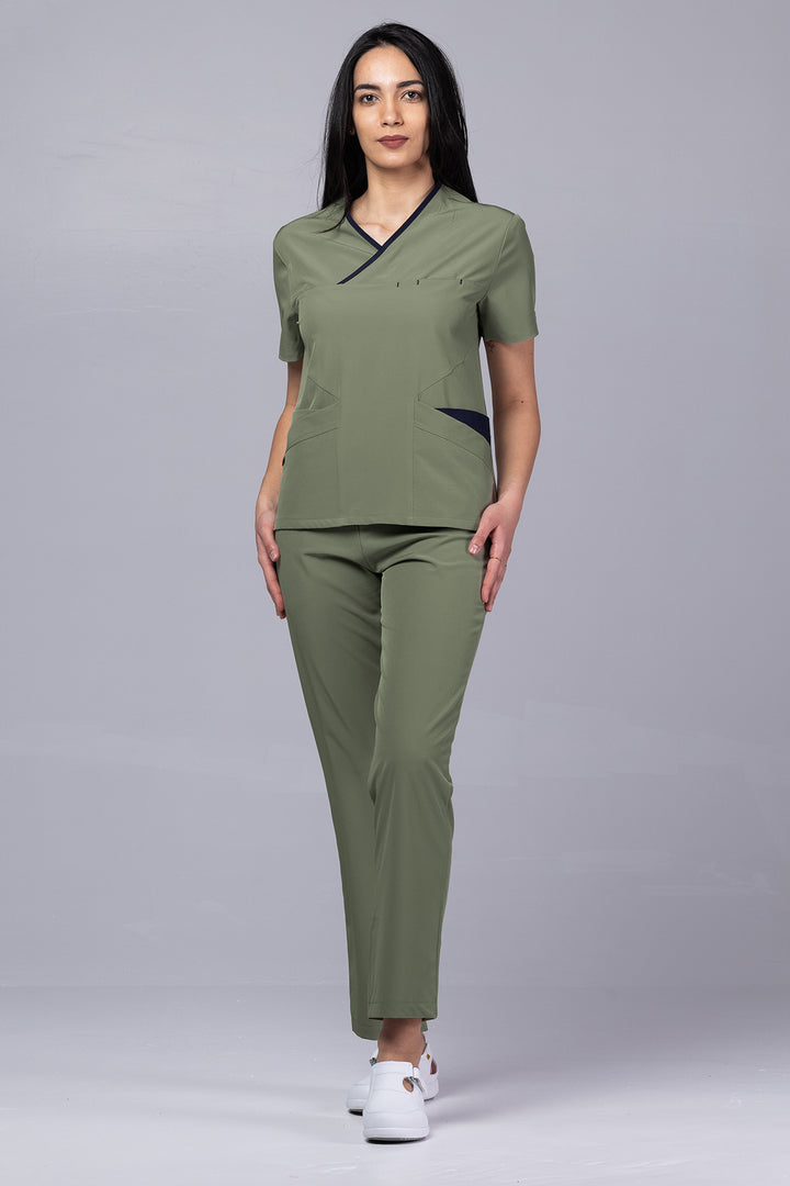 Costum Medical Premium de dama TAG Onyx | Uniforma Medicala Poly Spandex | Kaki cu paspoal Bleumarin