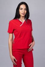 Încărcați imaginea în vizualizatorul Galerie, Costum Medical Premium de dama TAG Onyx | Uniforma Medicala Poly Spandex | Rosu cu paspoal Alb